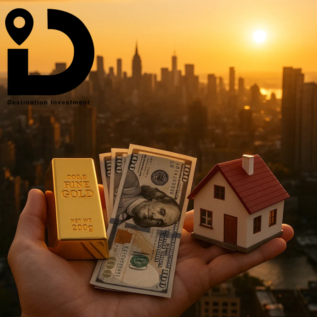 مقارنة مرئية بين 3 أدوات استثمار: عقار – ذهب – دولار في بيئة طبيعية جذابة