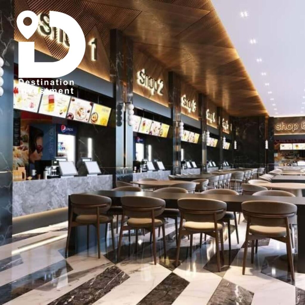 منطقة جلوس مفتوحة داخل Urban Mall – بدر بتصميم أنيق وترابيزات خارجية مناسبة للكافيهات والمطاعم