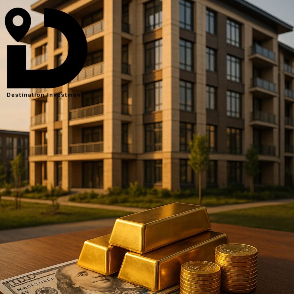 دمج بصري بين وحدة سكنية وسبائك ذهب ودولارات كدليل على قوة الاستثمار العقاري
