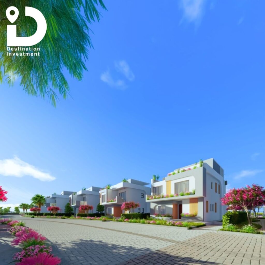 فلل مشروع Tabah West من ZG Developments بإطلالة جانبية أنيقة، تحيطها الأشجار والزهور لتضفي لمسة طبيعية تزيد من جمال المشهد
