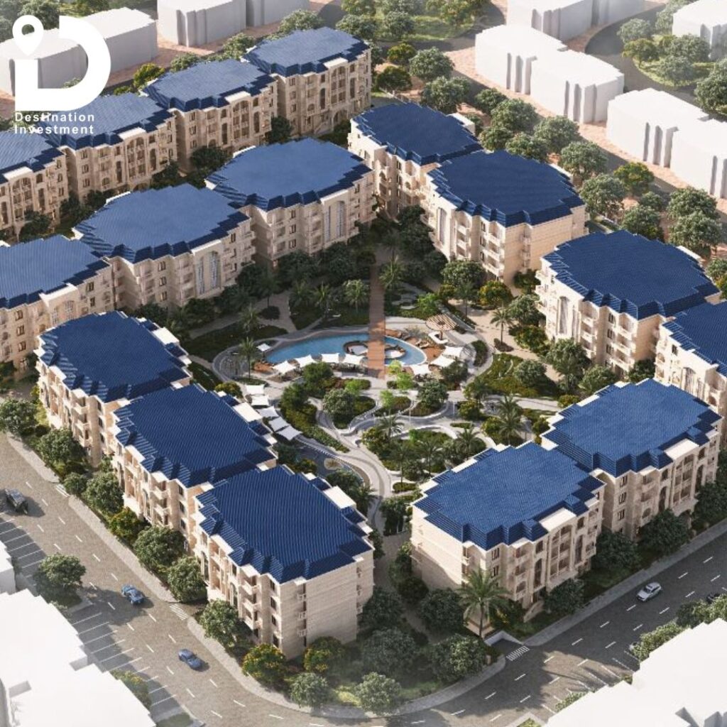 لقطة 3D توضح المساحات الخضراء واللاندسكيب في Etala Compound – October Gardens – Elmanara Development.