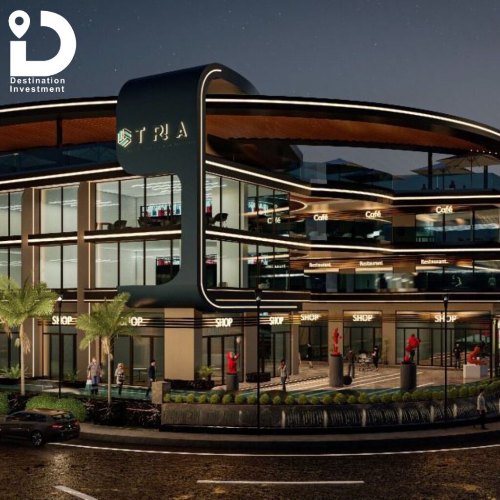 صورة 3D داخلية توضح التصميم العصري للوحدات التجارية والإدارية في Tria Mall – Mehwar 26 July – Elmanara Development.